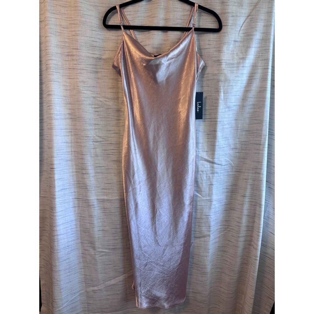 Lulus Constant Charm Rose Gold Satin Cowl Neck Midi Dress NWT Large